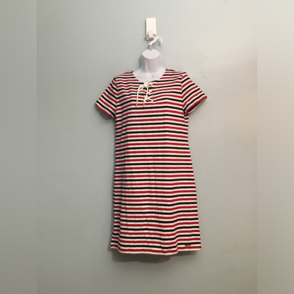 Tommy hilget Red, Black & White Striped Lace-Up Knit Dress